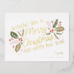 Vintage Holly Bright Typography Christmas Foil Foil Holiday Postcard<br><div class="desc">This festive and chic holiday photo card features our original hand-drawn winter foliage in vibrant colors and sweet styled typography in shiny REAL FOIL (color of your choice). The back comes with a matching vibrant holly pattern for an extra special touch.</div>