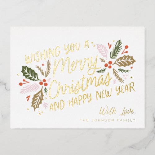 Vintage Holly Bright Typography Christmas Foil Holiday Postcard