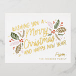 Vintage Holly Bright Typography Christmas Foil Holiday Postcard<br><div class="desc">This festive and chic holiday photo card features our original hand-drawn winter foliage in vibrant colors and sweet styled typography in shiny REAL FOIL (color of your choice). The back comes with a matching vibrant holly pattern for an extra special touch.</div>