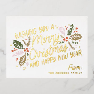 Vintage Holly Bright Typography Christmas Foil Holiday Postcard
