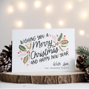 Vintage Holly Bright Typography Christmas Holiday Card