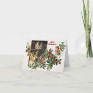 Vintage holly cats and bird christmas holiday card