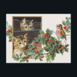 Vintage holly cats and bird christmas holiday postcard<br><div class="desc">Vintage holly cats and bird christmas holiday greeting card</div>