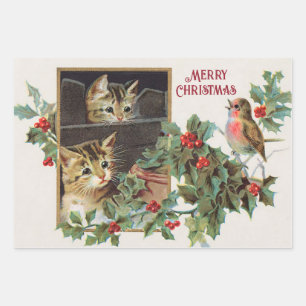 Vintage holly cats and bird christmas wrapping paper sheets
