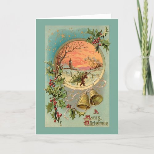 Vintage Holly Christmas Bells and Snow Scene Holiday Card