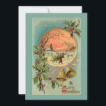 Vintage Holly, Christmas Bells and Snow Scene Holiday Card<br><div class="desc">Colorful Victorian Christmas greeting card illustration featuring brass bells,  A Merry Christmas greeting in ornate typography,  starry sky and round inset with vignette of a man carrying a Christmas tree in the snow with trees and village at sunset. Background color is customizable. Back features complementary graphics and text fields.</div>