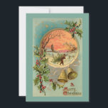 Vintage Holly, Christmas Bells and Snow Scene Holiday Card<br><div class="desc">Colorful Victorian Christmas greeting card illustration featuring brass bells,  A Merry Christmas greeting in ornate typography,  starry sky and round inset with vignette of a man carrying a Christmas tree in the snow with trees and village at sunset. Background color is customizable. Back features complementary graphics and text fields.</div>