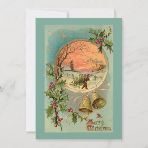 Vintage Holly, Christmas Bells and Snow Scene Holiday Card