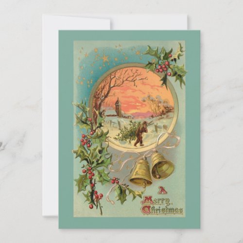 Vintage Holly Christmas Bells and Snow Scene Holiday Card