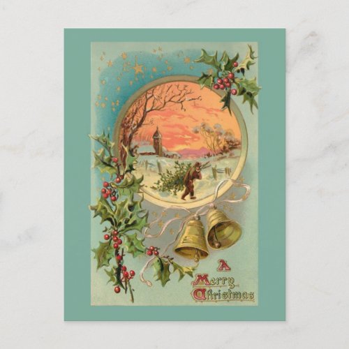 Vintage Holly Christmas Bells and Snow Scene Postcard