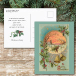 Vintage Holly, Christmas Bells and Snow Scene Postcard<br><div class="desc">Colorful Victorian Christmas greeting card illustration featuring brass bells,  A Merry Christmas greeting in ornate typography,  starry sky and round inset with vignette of a man carrying a Christmas tree in the snow with trees and village at sunset. Background color is customizable. Back features complementary graphics and text fields.</div>