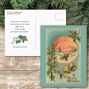 Vintage Holly, Christmas Bells and Snow Scene Postcard
