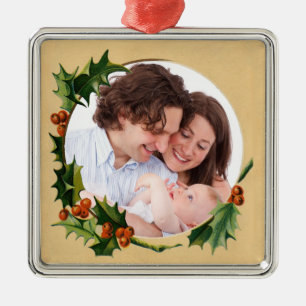 Vintage Holly Christmas Custom Photo Metal Ornament