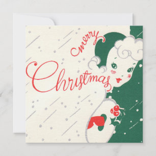 Vintage Holly Christmas Girl Holiday Card