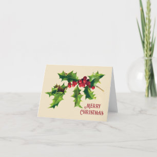 Vintage Holly Christmas Greeting Holiday Card