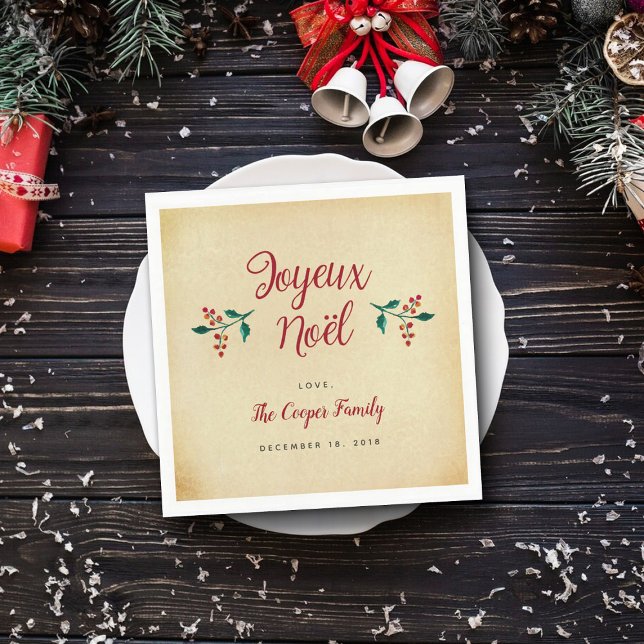 Vintage Holly Christmas Party "Joyeux Noël" Napkins (Creator Uploaded)