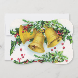 Vintage Holly Covered Gold Christmas Bells Fancy Holiday Card