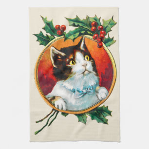 Vintage holly cute cat christmas kitchen towel