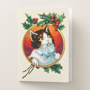 Vintage holly cute cat christmas pocket folder