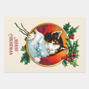 Vintage holly cute cat christmas wrapping paper sheets