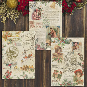 Vintage Holly & Father Christmas Ephemera Collage Wrapping Paper Sheets