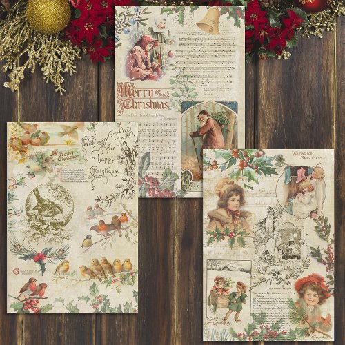 Vintage Holly  Father Christmas Ephemera Collage Wrapping Paper Sheets