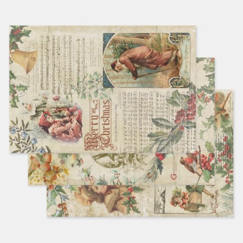 Vintage Holly  Father Christmas Ephemera Collage Wrapping Paper Sheets
