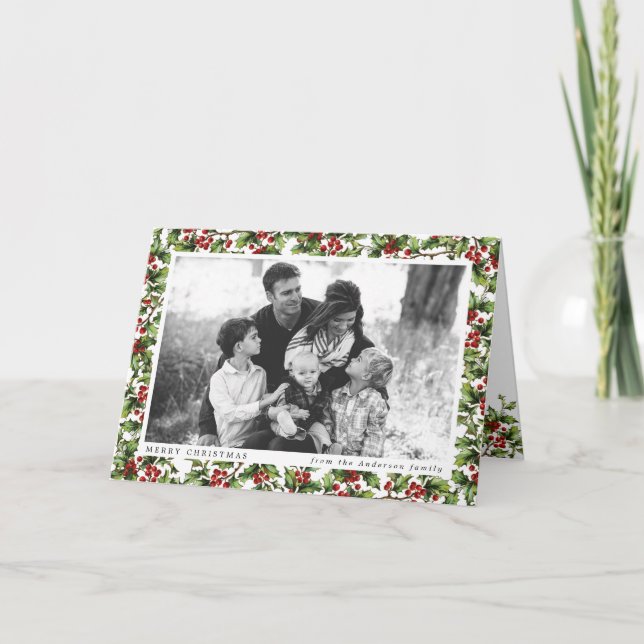 Vintage Holly Frame Christmas Photo Greeting Card (Front)