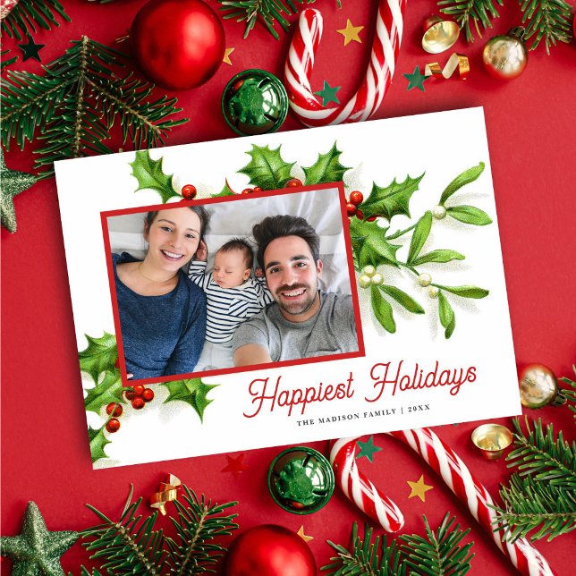 Vintage Holly Mistletoe Photo Holiday Card (Creator Uploaded)
