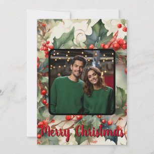 Vintage holly personalize photo holiday card