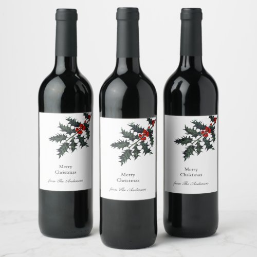 Vintage Holly Red Berries Merry Christmas Name Wine Label