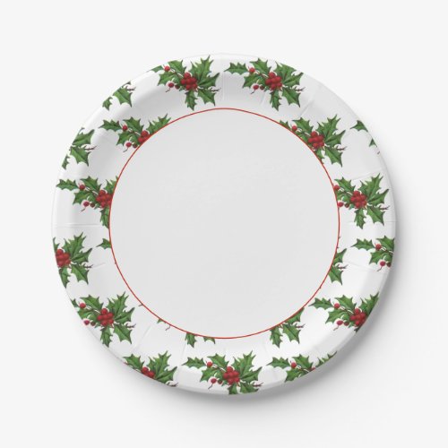 Vintage Holly Stems on White Paper Plate