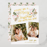 Vintage Holly Tilted Snapshot 2 Photo Christmas Foil Holiday Card<br><div class="desc">This festive and chic holiday photo card features 2 tilted snapshot photos with our original hand-drawn winter foliage in vibrant colors and sweet styled typography in shiny REAL FOIL (color of your choice). The back comes with a matching holly pattern for an extra special touch.</div>