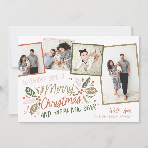 Vintage Holly Tilted Snapshot 4 Multi-Photo Holiday Card