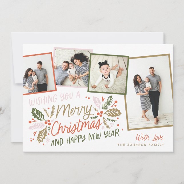 Vintage Holly Tilted Snapshot 4 Multi-Photo Holiday Card (Front)