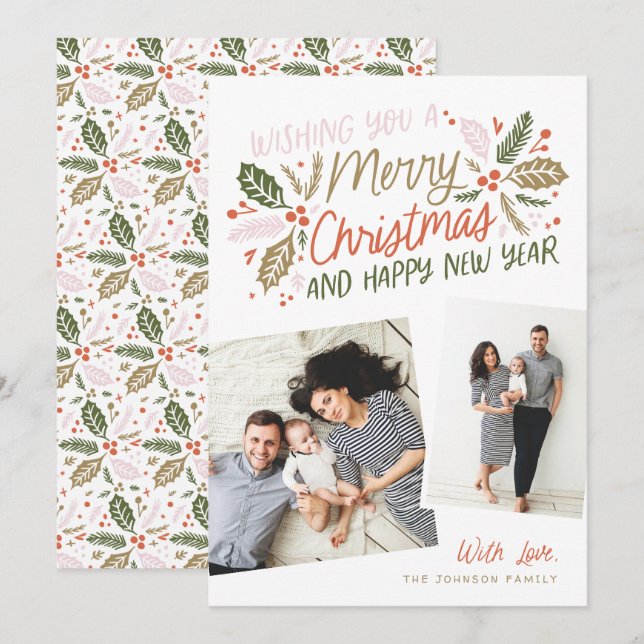 Vintage Holly Tilted Snapshot Multi-Photo Holiday Card