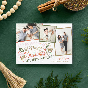 Vintage Holly Tilted Snapshot Multi-Photo Holiday  Card