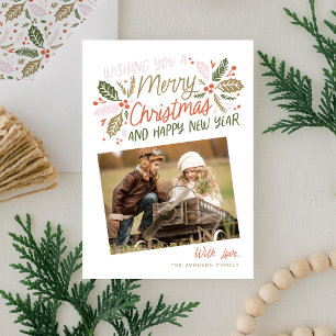 Vintage Holly Tilted Snapshot Photo Christmas Holiday Card
