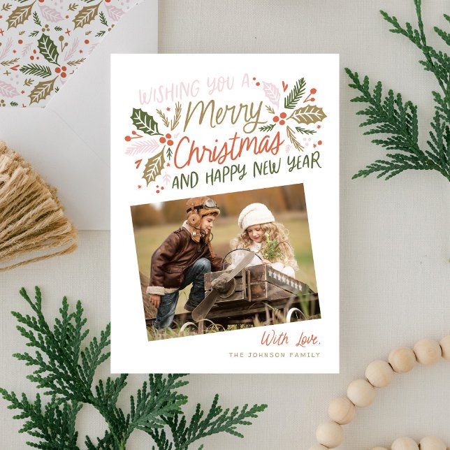 Vintage Holly Tilted Snapshot Photo Christmas Holiday Card (Creator Uploaded)