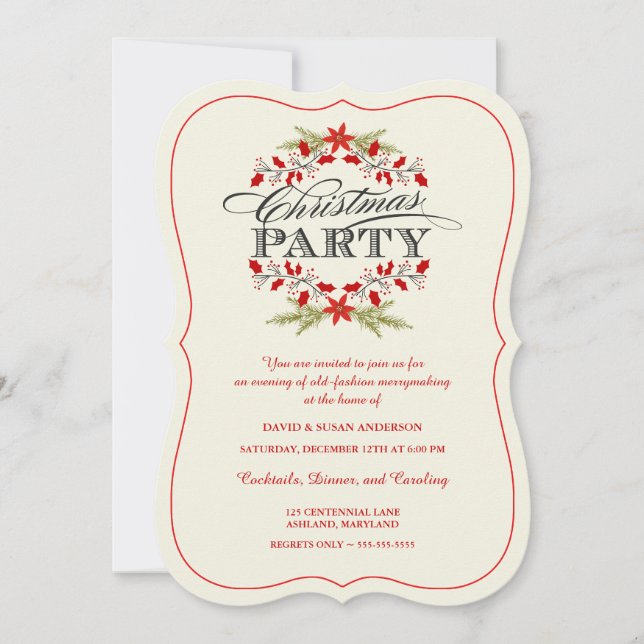 Vintage Holly Wreath Christmas Party Invitations (Front)