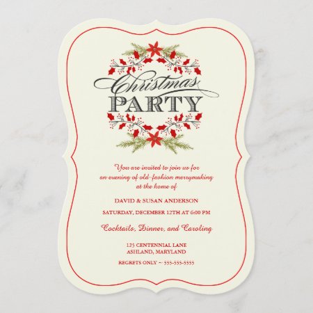 Vintage Holly Wreath Christmas Party Invitations