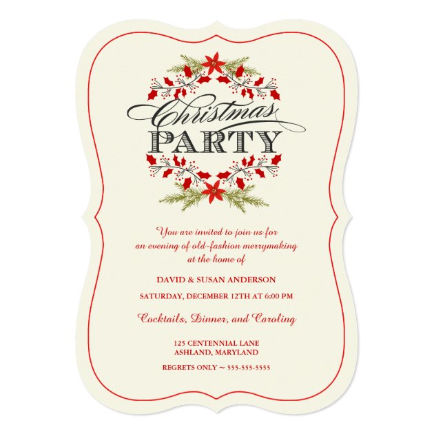 Vintage Holly Wreath Christmas Party Invitations