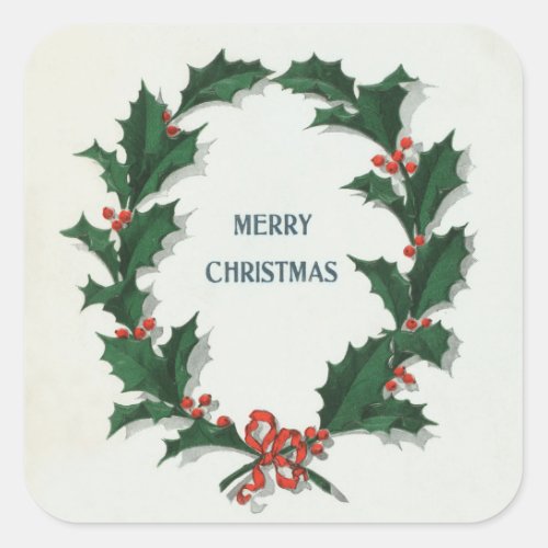 Vintage Holly Wreath Merry Christmas Square Sticker