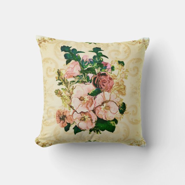 Vintage Hollyhocks Throw Pillow (Front)