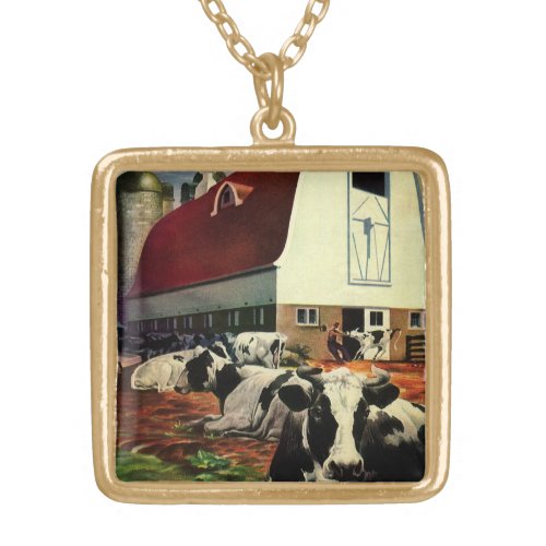 Vintage Holstein Milk Cows on Dairy Farm Business Gold Plated Necklace