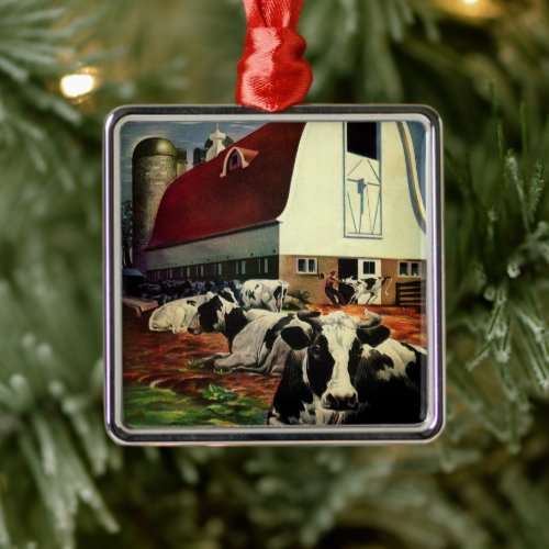 Vintage Holstein Milk Cows on Dairy Farm Business Metal Ornament