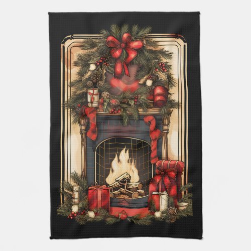 Vintage Home Fireplace Pine Boughs Red Bows Kitchen Towel