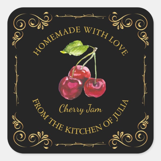 Vintage Homemade Cherry Jam Square Label (Front)