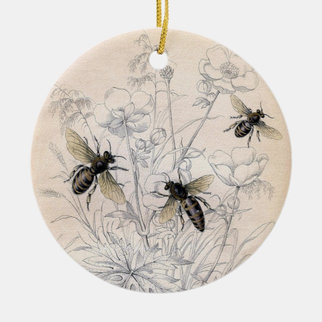 Vintage Honey Bee Art Print Ceramic Ornament (Front)