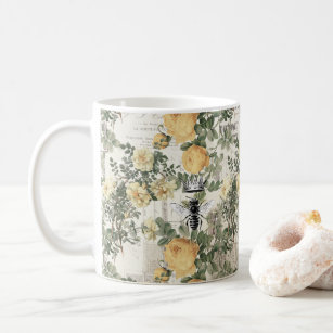 Vintage Honey Bee Ephemera Yellow Floral Pattern Coffee Mug